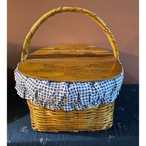 Picnic Basket Vintage Large Basket, Lined Basket Gift, Blue and White, wicker